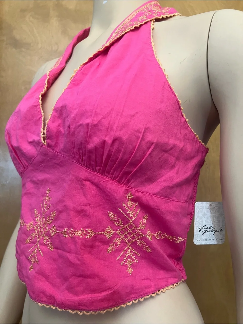 Free People Pink Halter Tank Top with Gold Embroidery